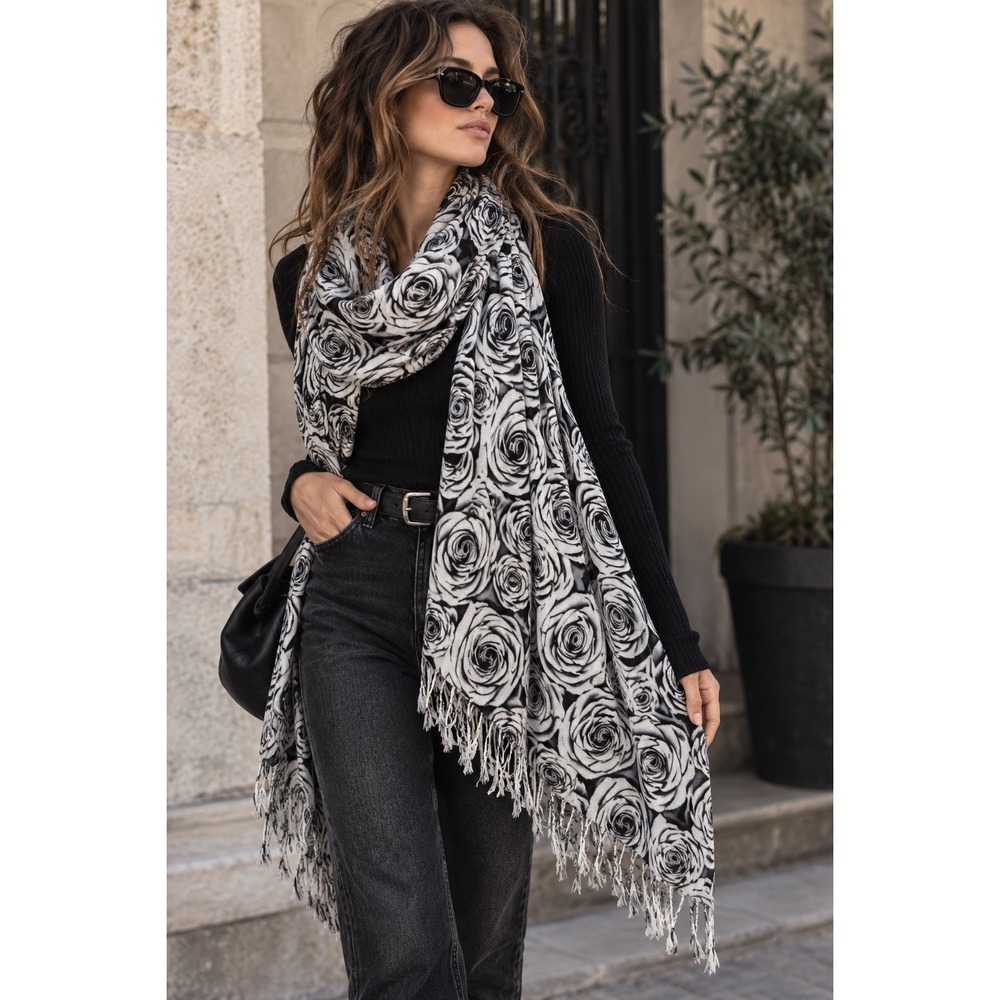 Rose Floral Pashmina Wrap Scarf Black White Fringe Shawl Size OS